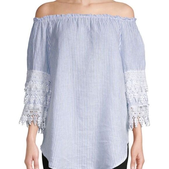 Saks Fifth Avenue White Blue Stripe‎ Off The Shoulder Linen Lace Blouse Medium - Picture 1 of 8